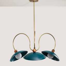 1950S Mid Century Modern Brass Chandelier Green Enamel Shades, Walnut Detail - thumbnail 2