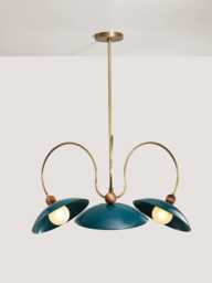 1950S Mid Century Modern Brass Chandelier Green Enamel Shades, Walnut Detail - thumbnail 1