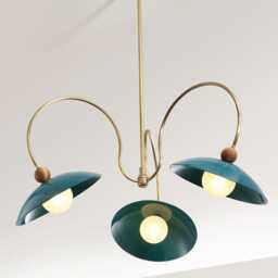 1950S Mid Century Modern Brass Chandelier Green Enamel Shades, Walnut Detail - thumbnail 3
