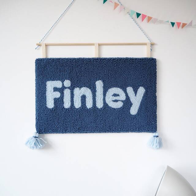 Custom Blue Nursery Wall Hanging Punch Needle Wool Art - image 1