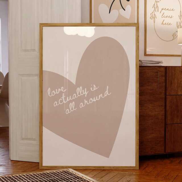Love Actually Is All Around, Beige Heart, Trendy Girls Wall Art, Minimalist Print, Coquette Print Bedroom Art Quote - image 1