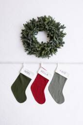 Embroidered Linen Stocking With Pompom Trim, Personalized Christmas Stocking, Names, Farmhouse Decor