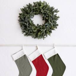 Embroidered Linen Stocking With Pompom Trim, Personalized Christmas Stocking, Names, Farmhouse Decor - thumbnail 2