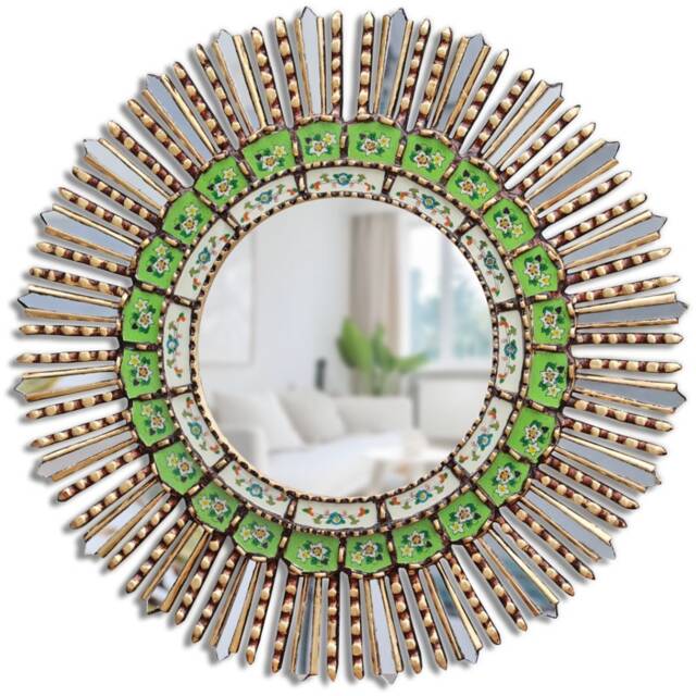 Peruvian Green Sunburst Mirror 60 cm Handmade Wall Decor - Carved Wood Round Statement For Living Room Bathroom Entryway - image 1