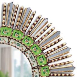 Peruvian Green Sunburst Mirror 60 cm Handmade Wall Decor - Carved Wood Round Statement For Living Room Bathroom Entryway - thumbnail 2
