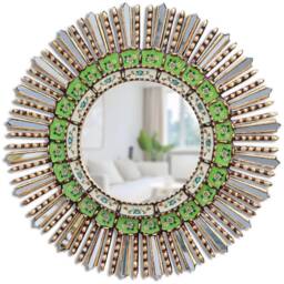 Peruvian Green Sunburst Mirror 60 cm Handmade Wall Decor - Carved Wood Round Statement For Living Room Bathroom Entryway