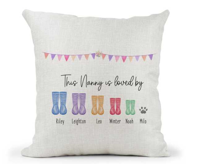 Personalised Nanny , Mummy Welly Boots Children's Names Cushion.. Loved By.. Grandchildren's Names.. Birthday Gift/ Mothers Day - image 1