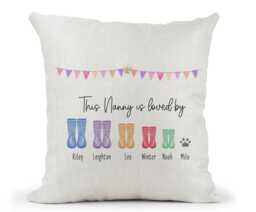 Personalised Nanny , Mummy Welly Boots Children's Names Cushion.. Loved By.. Grandchildren's Names.. Birthday Gift/ Mothers Day - thumbnail 1