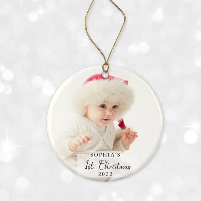 Baby's First Christmas Tree Decoration - Personalised Photo Ornament Ceramic Bauble Keepsake Gift - image 1