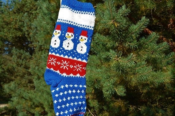 Hand Knitted Christmas Stocking, Home Decor, Personalized Christams Stocking With Snowmen - image 1