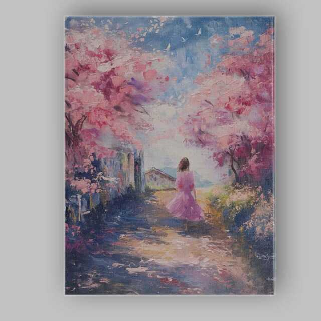 Pink Blossom Tree Country Lane Spring Landscape Canvas Wall Art Print Decor Picture Ready To Hang - image 1