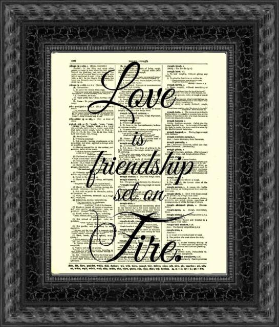 Love Is Friendship Set On Fire Quote Printed An Upcyled 1800S Dictionary Page, One Of A Kind Wall Decor - image 1
