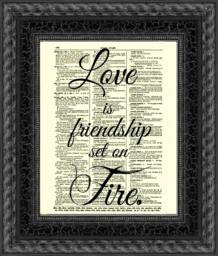 Love Is Friendship Set On Fire Quote Printed An Upcyled 1800S Dictionary Page, One Of A Kind Wall Decor - thumbnail 1