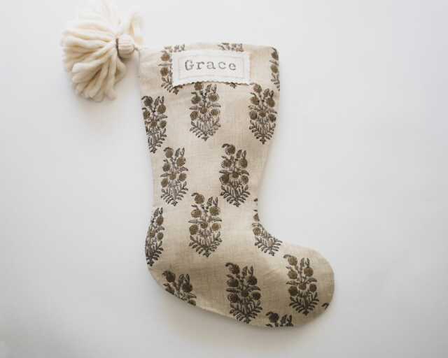 Neutral Linen Christmas Stockings, Grey & Beige Stocking, Modern Farmhouse Indian Block Print Stockings For Holiday Fireplace - image 1