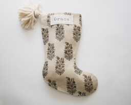 Neutral Linen Christmas Stockings, Grey & Beige Stocking, Modern Farmhouse Indian Block Print Stockings For Holiday Fireplace