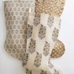 Neutral Linen Christmas Stockings, Grey & Beige Stocking, Modern Farmhouse Indian Block Print Stockings For Holiday Fireplace - thumbnail 3