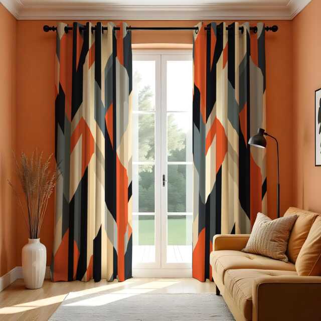 Modern Geometric Curtain Panels, Bold Angular Abstract Pattern in Orange, Navy & Beige Window Contemporary Graphic Drapes - image 1