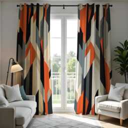 Modern Geometric Curtain Panels, Bold Angular Abstract Pattern in Orange, Navy & Beige Window Contemporary Graphic Drapes - thumbnail 4