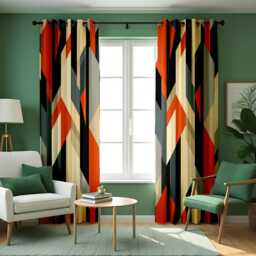 Modern Geometric Curtain Panels, Bold Angular Abstract Pattern in Orange, Navy & Beige Window Contemporary Graphic Drapes - thumbnail 3