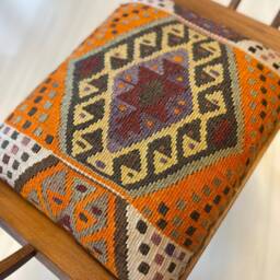 Vintage Kilim Ottoman Chair, Beech Wood Stool - thumbnail 3