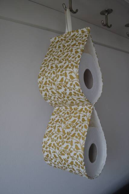 Gold Birds Toilet Paper Holder Storage- For 2-3 Rolls - Beige Fabric With Gold Print Birds. Bath Decor. Xmas Decor - image 1