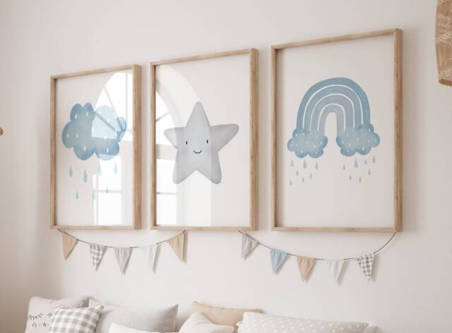 Watercolour Blue Nursery, Set Of 3 Prints, Boys Wall Art, Cloud Decor, Rainbow, & Gray Baby Boy Print Raindrops - image 1