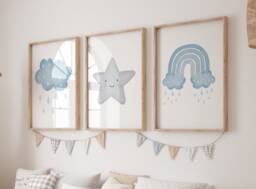 Watercolour Blue Nursery, Set Of 3 Prints, Boys Wall Art, Cloud Decor, Rainbow, & Gray Baby Boy Print Raindrops - thumbnail 1
