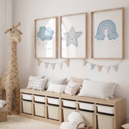 Watercolour Blue Nursery, Set Of 3 Prints, Boys Wall Art, Cloud Decor, Rainbow, & Gray Baby Boy Print Raindrops - thumbnail 2