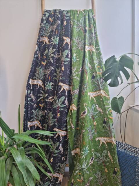 Kantha Stitch Pure Cotton Reversible Bed/Sofa Throw King Size Handmade Dohar Quirky Green Boho Jungle Leopard Cheetah Tropical Magic - image 1