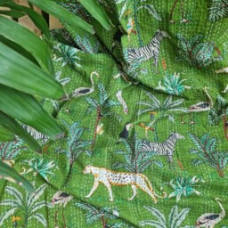 Kantha Stitch Pure Cotton Reversible Bed/Sofa Throw King Size Handmade Dohar Quirky Green Boho Jungle Leopard Cheetah Tropical Magic - thumbnail 2