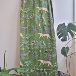 Kantha Stitch Pure Cotton Reversible Bed/Sofa Throw King Size Handmade Dohar Quirky Green Boho Jungle Leopard Cheetah Tropical Magic - thumbnail 3
