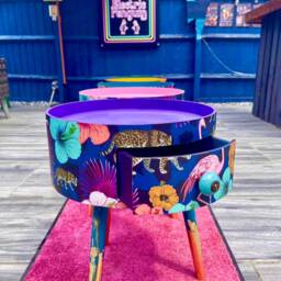 Quirky Round Wooden Side Table With Drawer. Tropical, Animal Print Design in Pink & Navy Blue. Ideal Nightstand Or Bedside - thumbnail 2