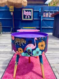Quirky Round Wooden Side Table With Drawer. Tropical, Animal Print Design in Pink & Navy Blue. Ideal Nightstand Or Bedside