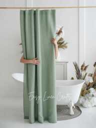 Linen Shower Curtain With Waterproof Liner, Extra Long Back Tabs, Wide Bathtub Curtain, Custom Clawfoot Tub - thumbnail 1