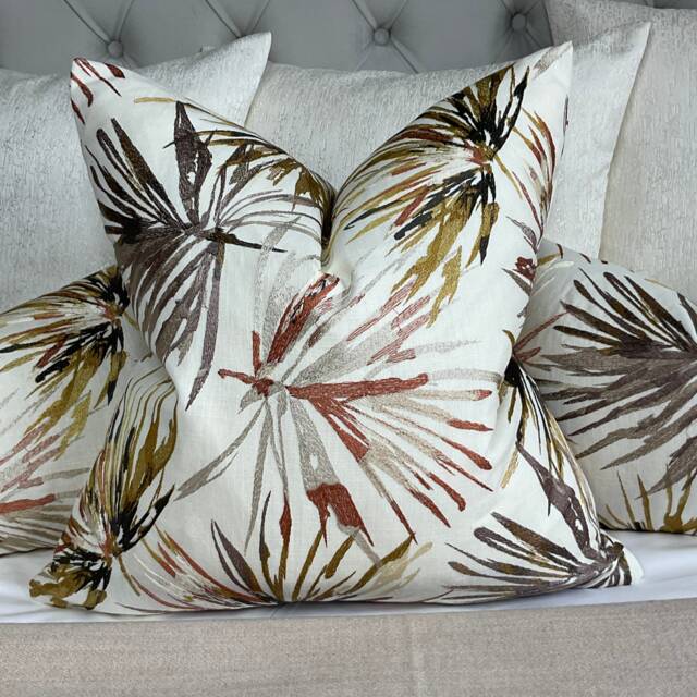 Decorative Pillow, Cushion Cover Designer Harlequin Aucuba Embroidered Leaf Palm Design/Linen Blend Base Made in UK - Double Sided - image 1