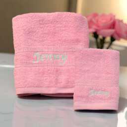 Personalised Pink Hand Towel & Face Flannel Set - Custom Embroidered Gift For Your Bathroom, Guest Room - thumbnail 2