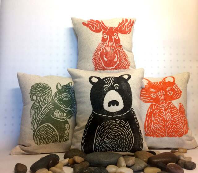 Hand Block Printed Woodland Animal Pillow Bear, Fox, Moose, Squirrel - image 1