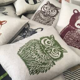 Hand Block Printed Woodland Animal Pillow Bear, Fox, Moose, Squirrel - thumbnail 2