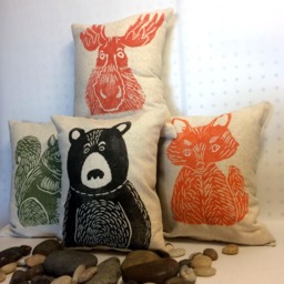 Hand Block Printed Woodland Animal Pillow Bear, Fox, Moose, Squirrel - thumbnail 3