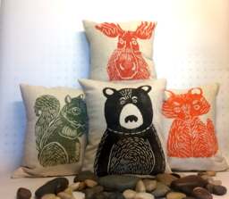 Hand Block Printed Woodland Animal Pillow Bear, Fox, Moose, Squirrel - thumbnail 1