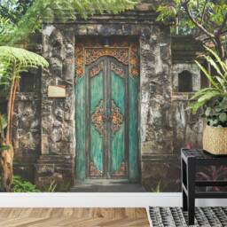 Balinese Carved Wooden Door Mural, Peel & Stick Wallpaper - thumbnail 3