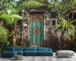 Balinese Carved Wooden Door Mural, Peel & Stick Wallpaper - thumbnail 1