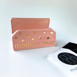 Personalized Business Card Holder - Modern Office, Pottery, White & Gold Desk Set - thumbnail 3