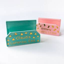 Personalized Business Card Holder - Modern Office, Pottery, White & Gold Desk Set - thumbnail 2