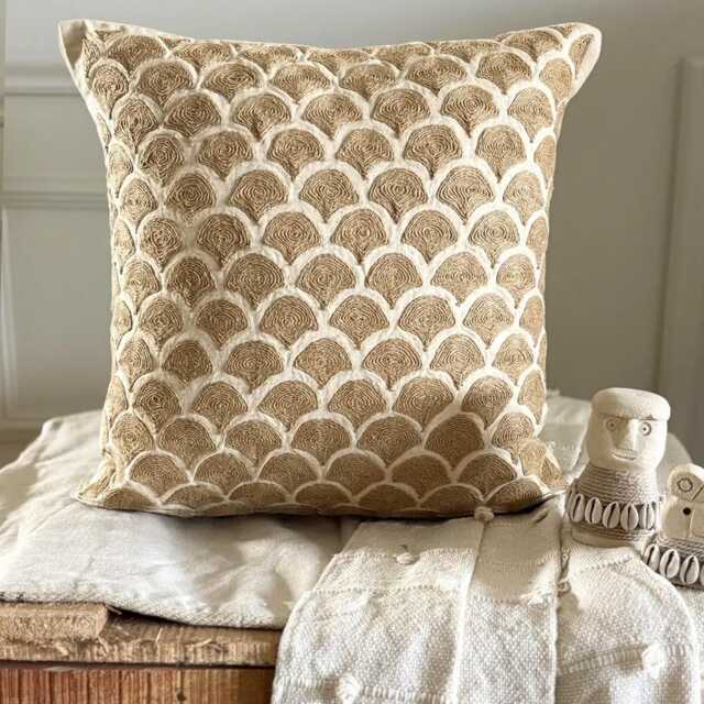 Beige Cotton Linen Jute Embroidered Abstract Pattern, 16x16 Contemporary Throw Pillow Cover - Trellis - image 1