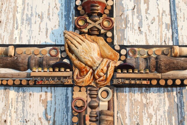 Religious Spiritual Country Folkart, Tramp Art Assemblage Collage Large Wall Hanging Wood Sculpture Relief Georigia O'keefe Southwest - image 1