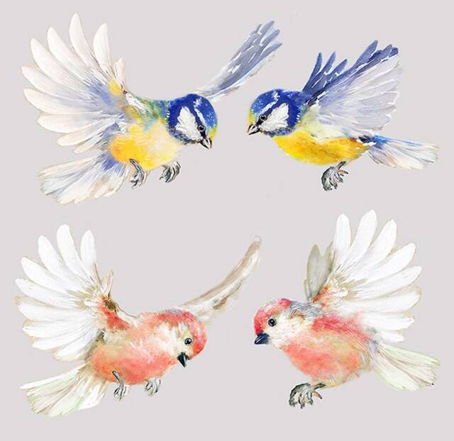 4 Flying Birds, Wall Decal Bird, Bird Stickers, Get Well Gift, Sticker , Watercolor Pink Blue Birds