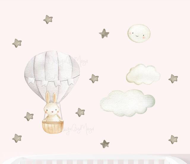 Nursery Decal, Bunny Fabric Wall Nursery Hot Air Balloon Decor, Baby Stickers, Vinyl Decals Baby Bedroom, Clings Art - image 1