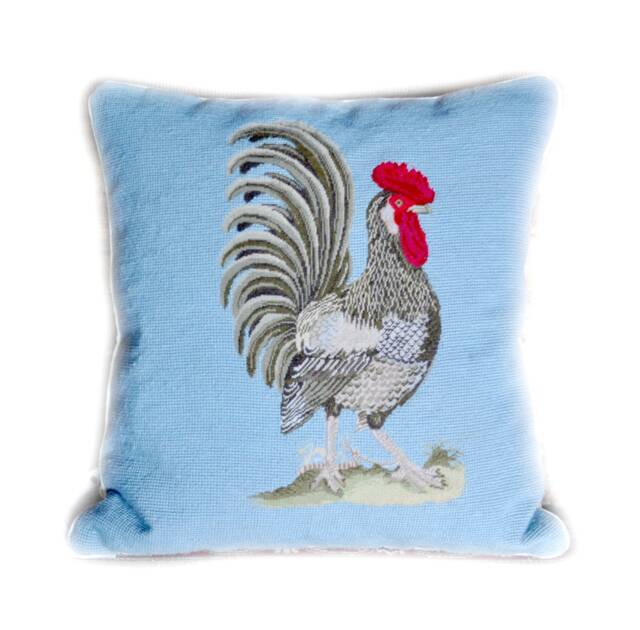 New Completed Blue Needlepoint Pillow Cover Proud Rooster Petit Point & Gros Cushion 18x18 - image 1