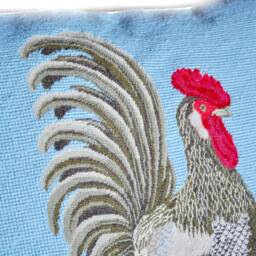New Completed Blue Needlepoint Pillow Cover Proud Rooster Petit Point & Gros Cushion 18x18 - thumbnail 2